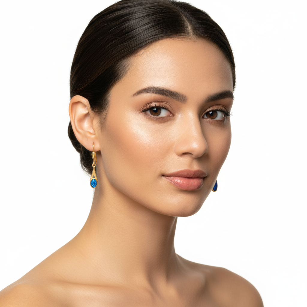 Model wearing 9ct gold tapered drop earrings showing true dainty scale – 18x5mm drop at realistic size on ear