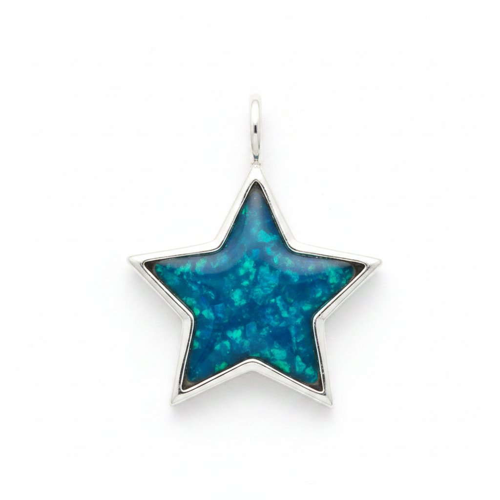Silver 925 star memorial pendant — blue teal opal flakes domed resin inclusion