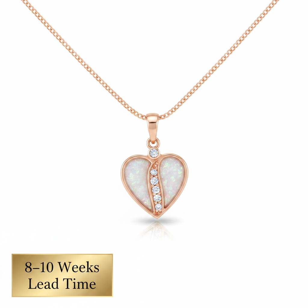 9ct Gold Crystal Divided Heart CZ Pendant — white pearl opal resin with 8-10 weeks lead time sticker