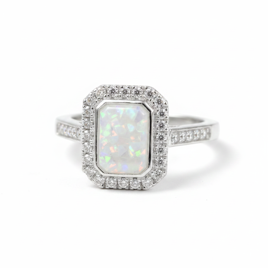 925 sterling silver rectangle CZ memorial ring with white pearl opal flakes in rectangular bezel on white background