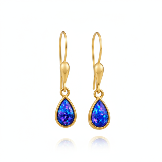 9ct gold teardrop memorial drop earrings with deep blue iridescent opal flakes – white background