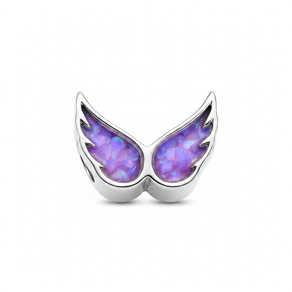 Angel Wings Bead 925 Silver Memorial Charm – purple lavender opal inclusion, white background
