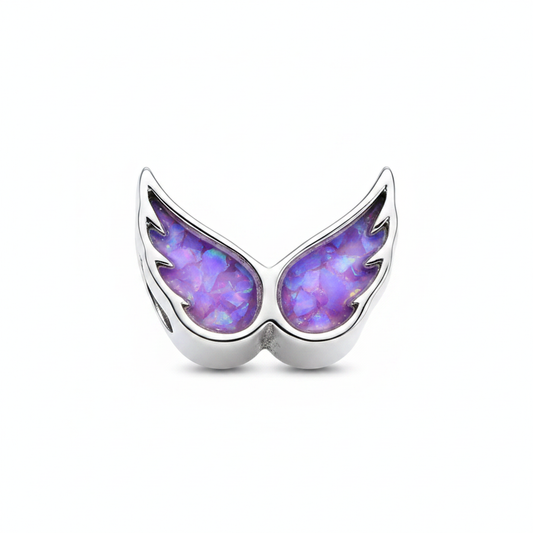 Angel Wings Bead 925 Silver Memorial Charm – purple lavender opal inclusion, white background
