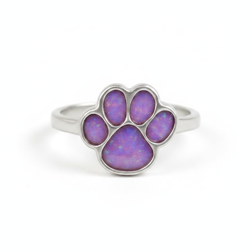 Paw Print 925 Silver Ring with lavender purple opal resin in all 5 pad settings — pure white background