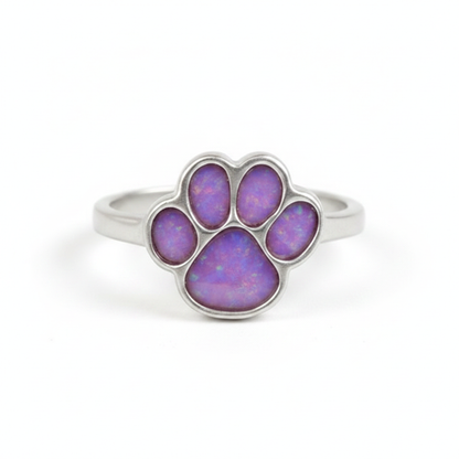 Paw Print 925 Silver Ring with lavender purple opal resin in all 5 pad settings — pure white background
