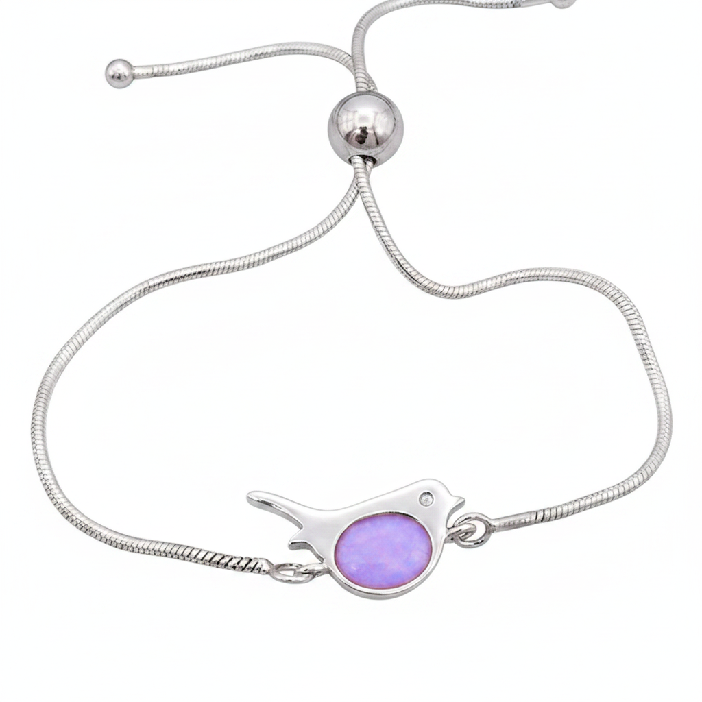 Robin silver snake chain bracelet with lavender purple opal resin in robin bezel, white background