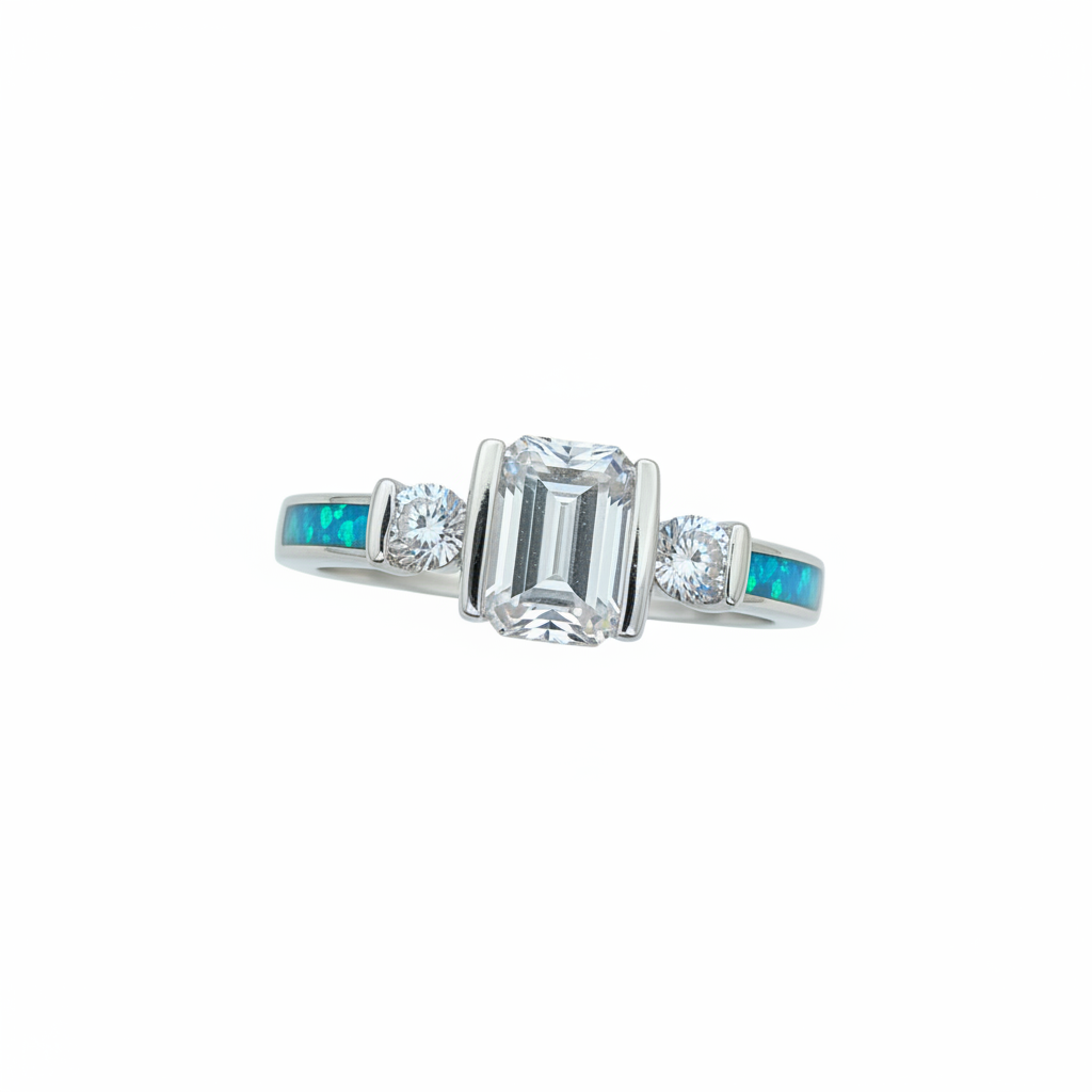 Emerald cut triple CZ bezel 925 silver ring with blue teal opal resin in side channels worn on finger white background