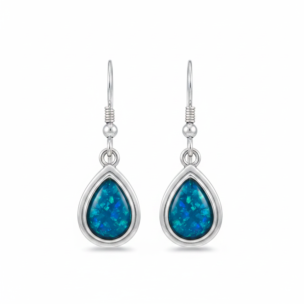 Silver 925 dainty teardrop drop earrings - blue teal opal resin