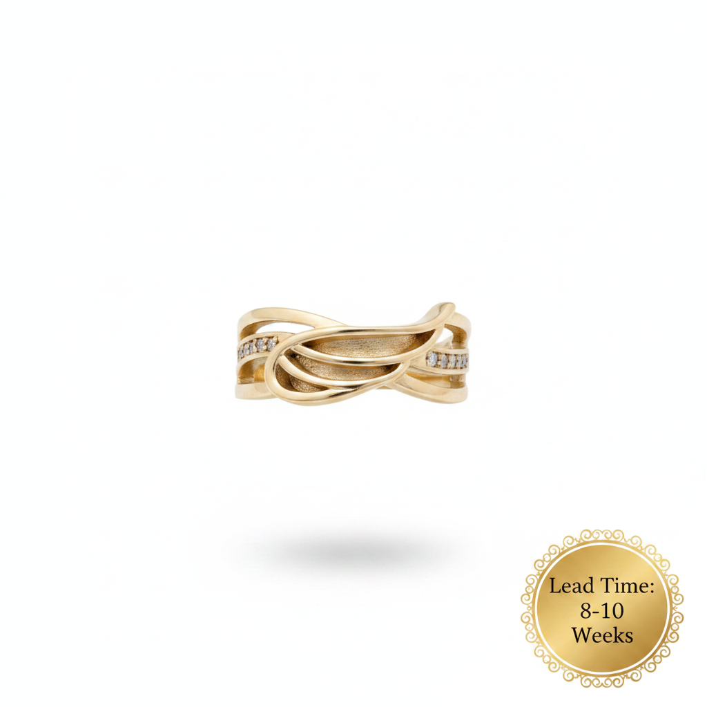 9ct gold angel wing CZ ring lifestyle worn on finger, white background, lead time 8-10 weeks sticker