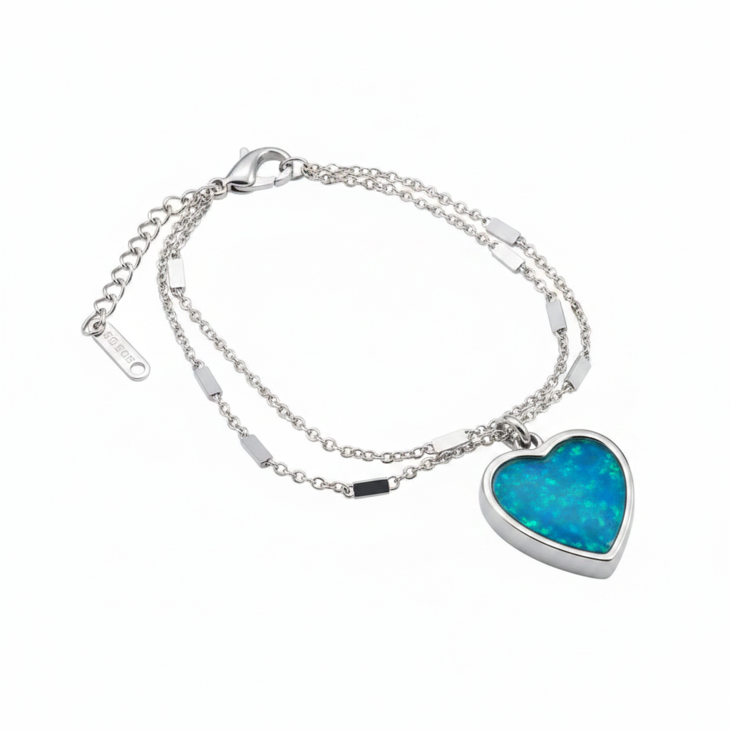 Double chain heart memorial bracelet with blue teal opal resin - ashes hair fur keepsake