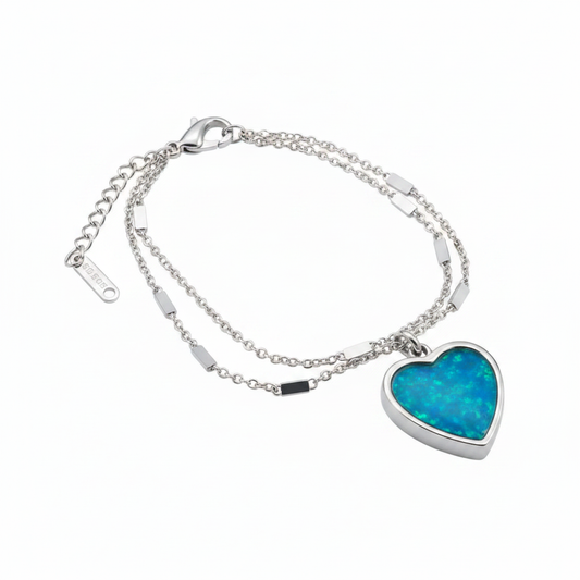Double chain heart memorial bracelet with blue teal opal resin - ashes hair fur keepsake
