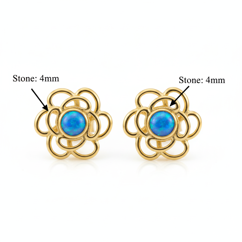 Gold open rose flower stud earrings dimensions guide — Stone: 4mm