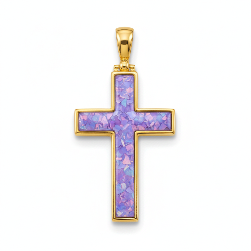 9ct gold cross memorial pendant with lavender iridescent opal flakes – white background