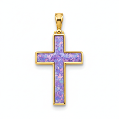 9ct gold cross memorial pendant with lavender iridescent opal flakes – white background