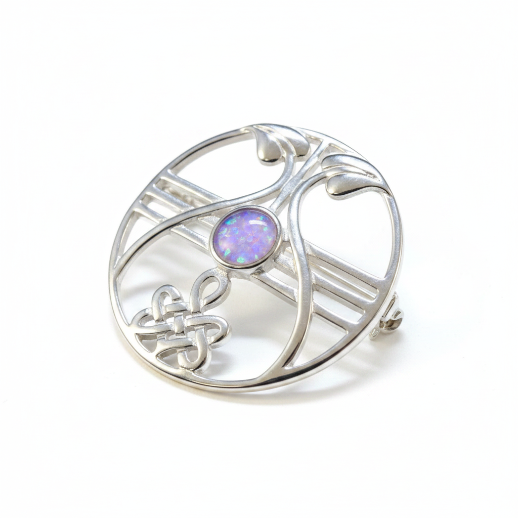 Silver 925 Celtic round open-work brooch with lavender purple opal resin in 6mm central setting on white background