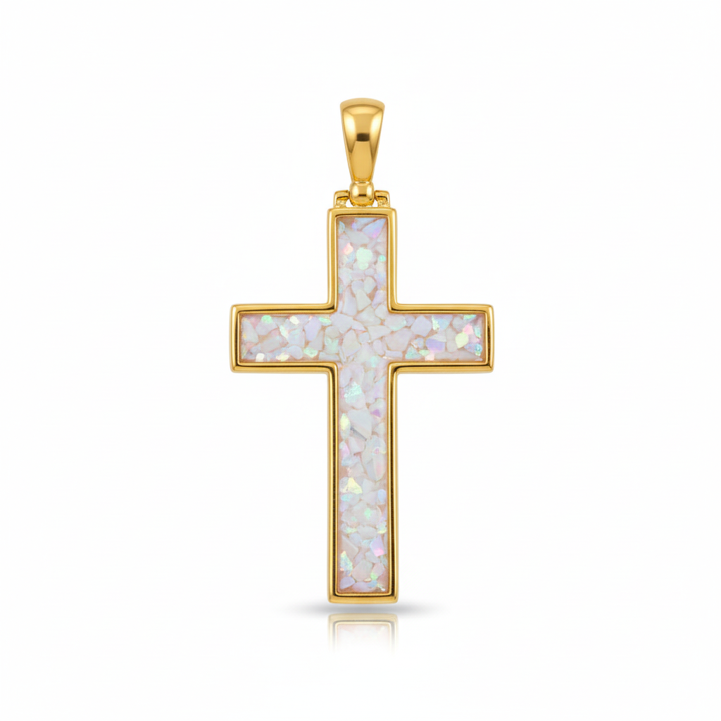 9ct gold cross memorial pendant with white pearl iridescent opal flakes – white background