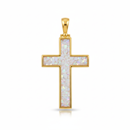 9ct gold cross memorial pendant with white pearl iridescent opal flakes – white background