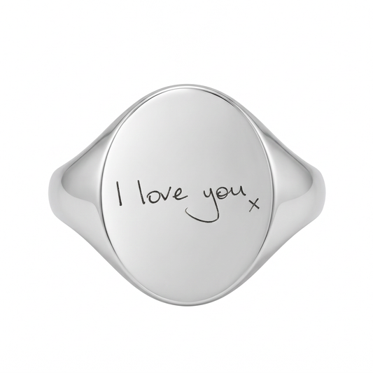 Illustrative front view of personalised 14mm × 12mm oval silver signet ring