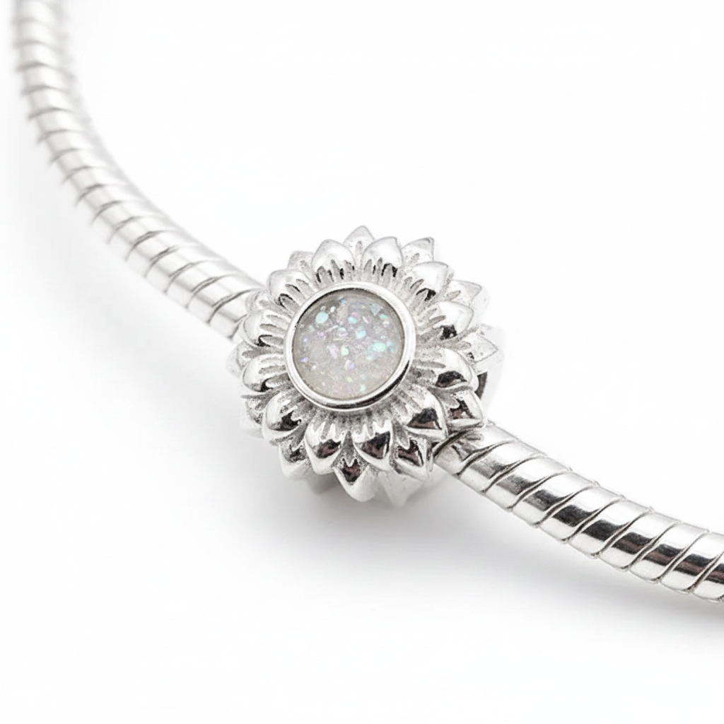 Sunflower Bead 925 Silver Memorial Charm – white mica pearl inclusion