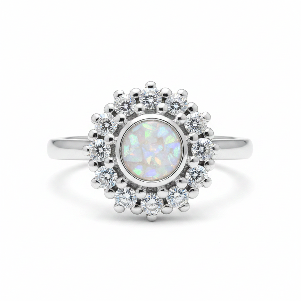 925 sterling silver round CZ cluster halo memorial ring with white pearl opal and mica shimmer in flat round resin setting on white background