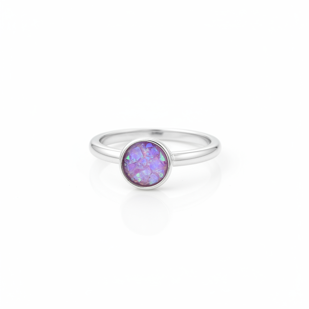 925 sterling silver plain round memorial ring with lavender purple opal flakes in 7.5mm bezel