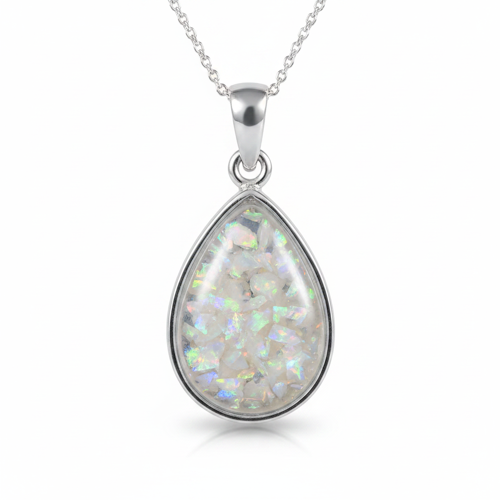 Silver 925 pear drop memorial pendant — white pearl opal flakes domed resin inclusion