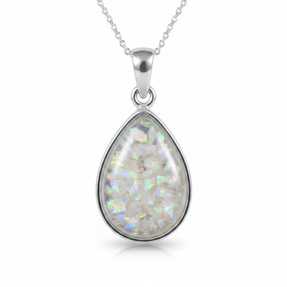 Silver 925 pear drop memorial pendant — white pearl opal flakes domed resin inclusion