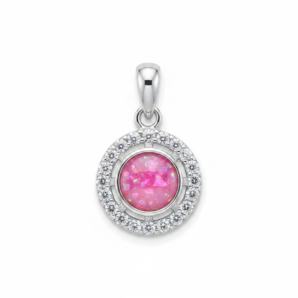 Silver 925 round halo CZ memorial pendant with pink opal flakes, white background
