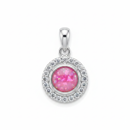 Silver 925 round halo CZ memorial pendant with pink opal flakes, white background