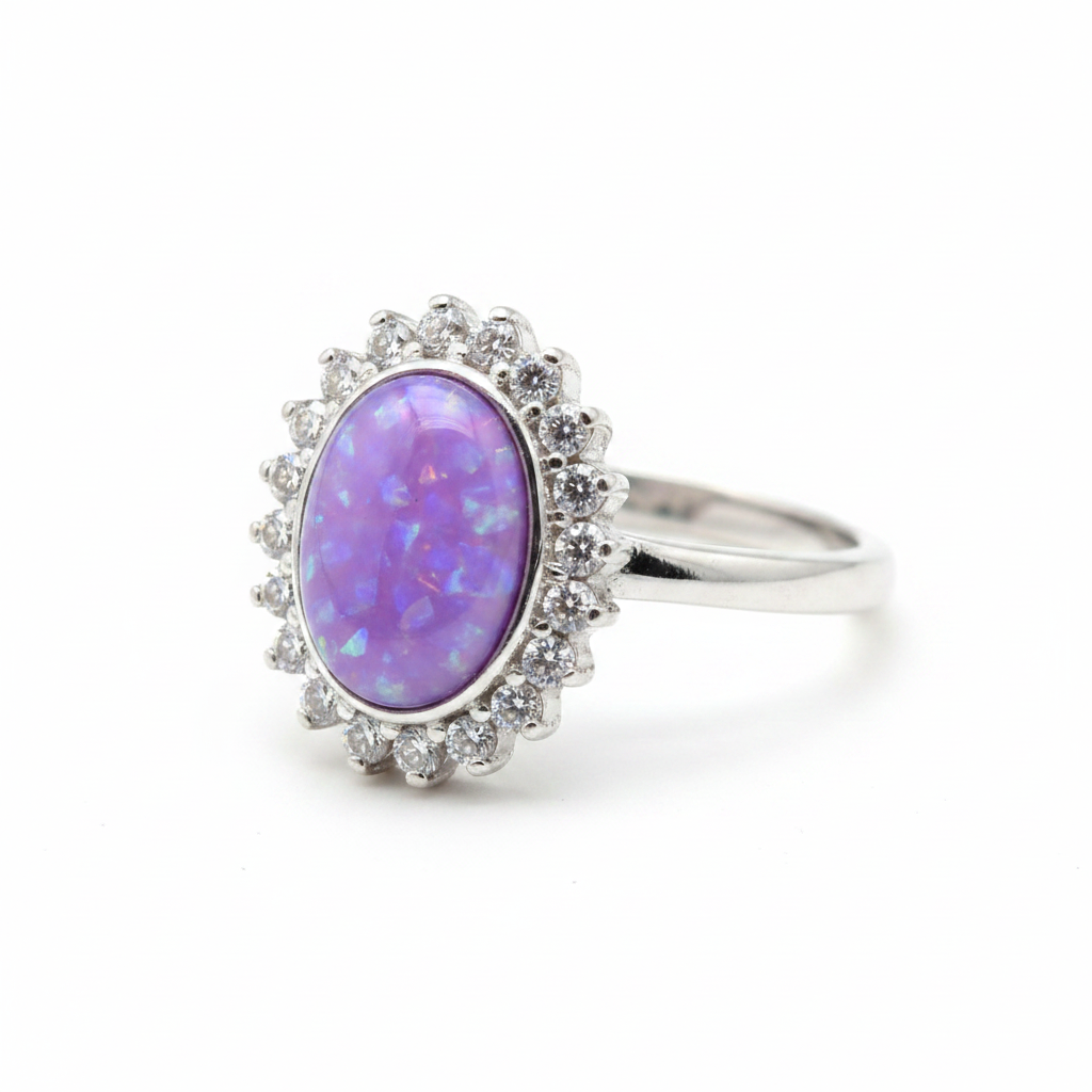 Silver 925 oval CZ halo memorial ring — lavender purple opal flakes resin in 8x6mm oval setting