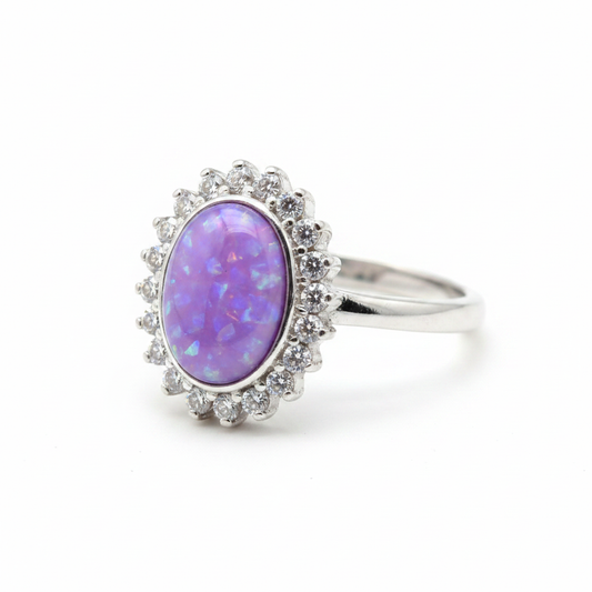 Silver 925 oval CZ halo memorial ring — lavender purple opal flakes resin in 8x6mm oval setting