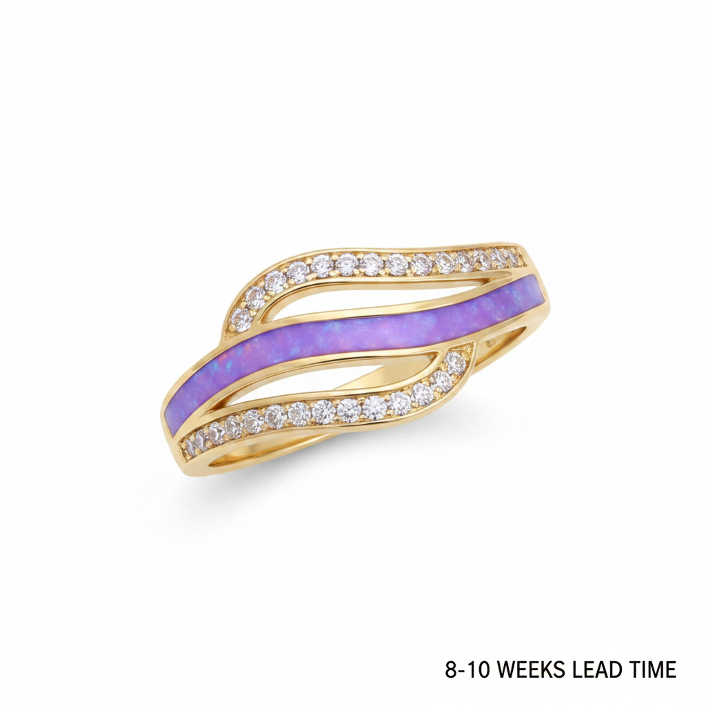 9ct yellow gold crystal triple wave CZ band ring with lavender opal resin in centre channel, white background, 8-10 weeks lead time