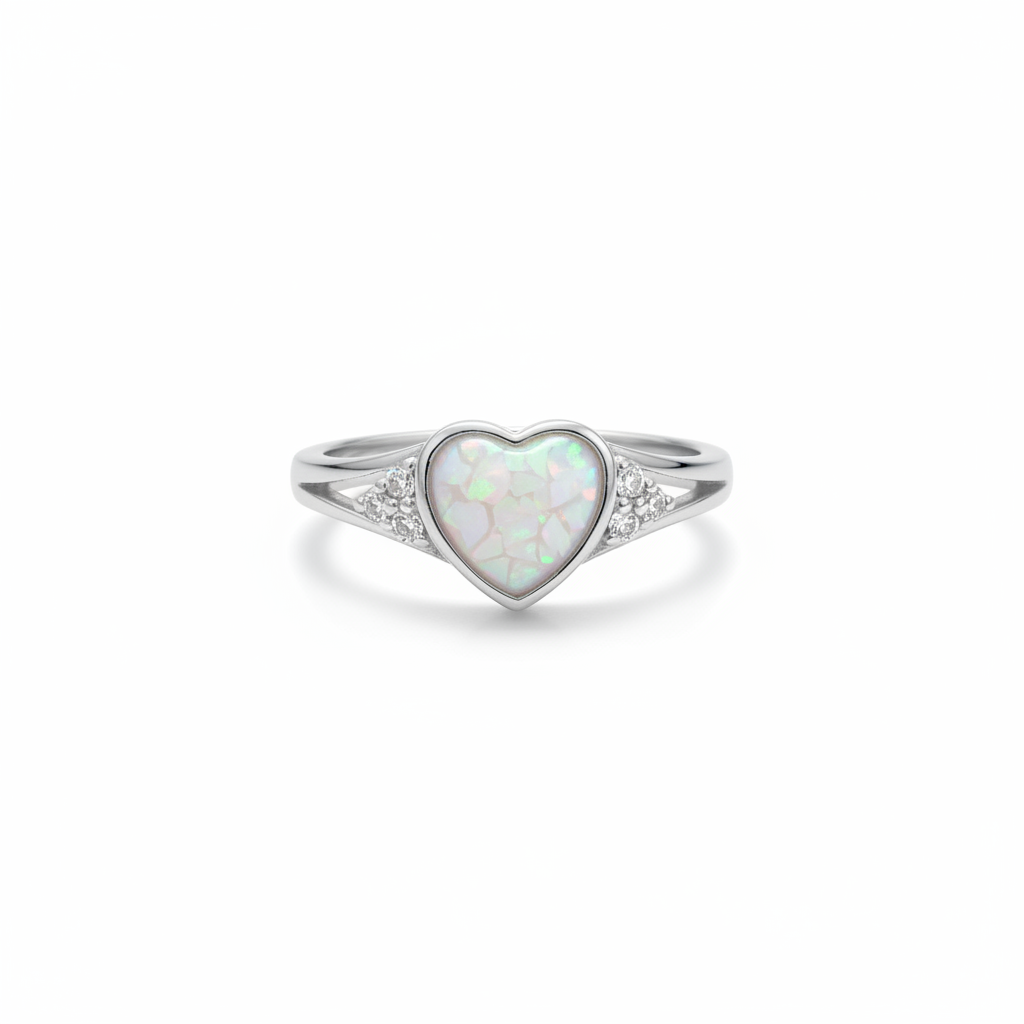 925 sterling silver cluster CZ heart memorial ring with white pearl opal flakes in heart bezel