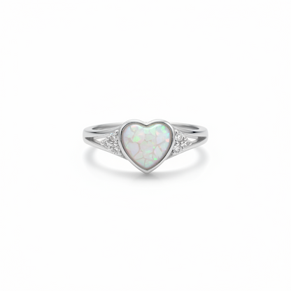 925 sterling silver cluster CZ heart memorial ring with white pearl opal flakes in heart bezel