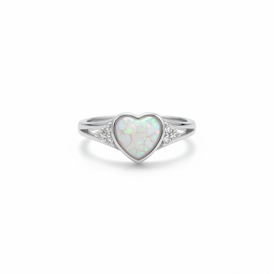 925 sterling silver cluster CZ heart memorial ring with white pearl opal flakes in heart bezel