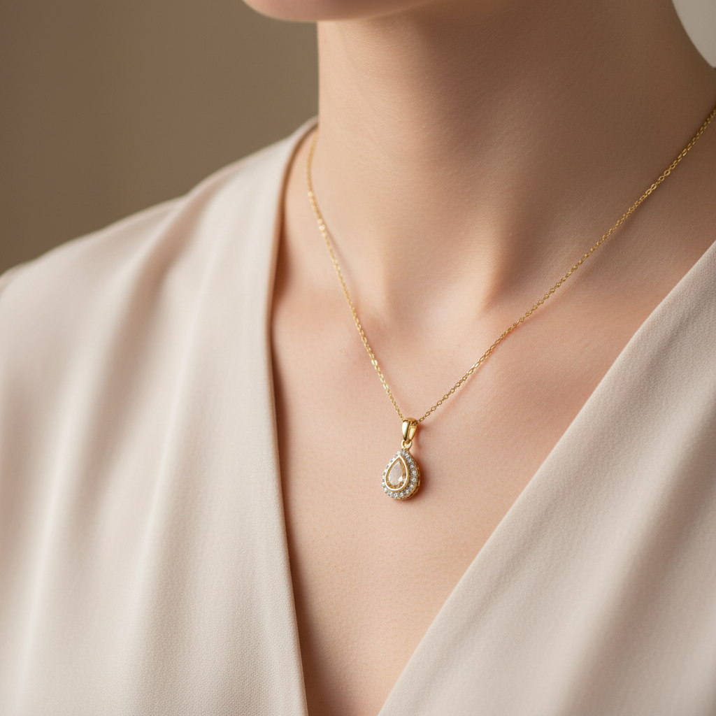 Model wearing 9ct gold teardrop diamanté memorial pendant