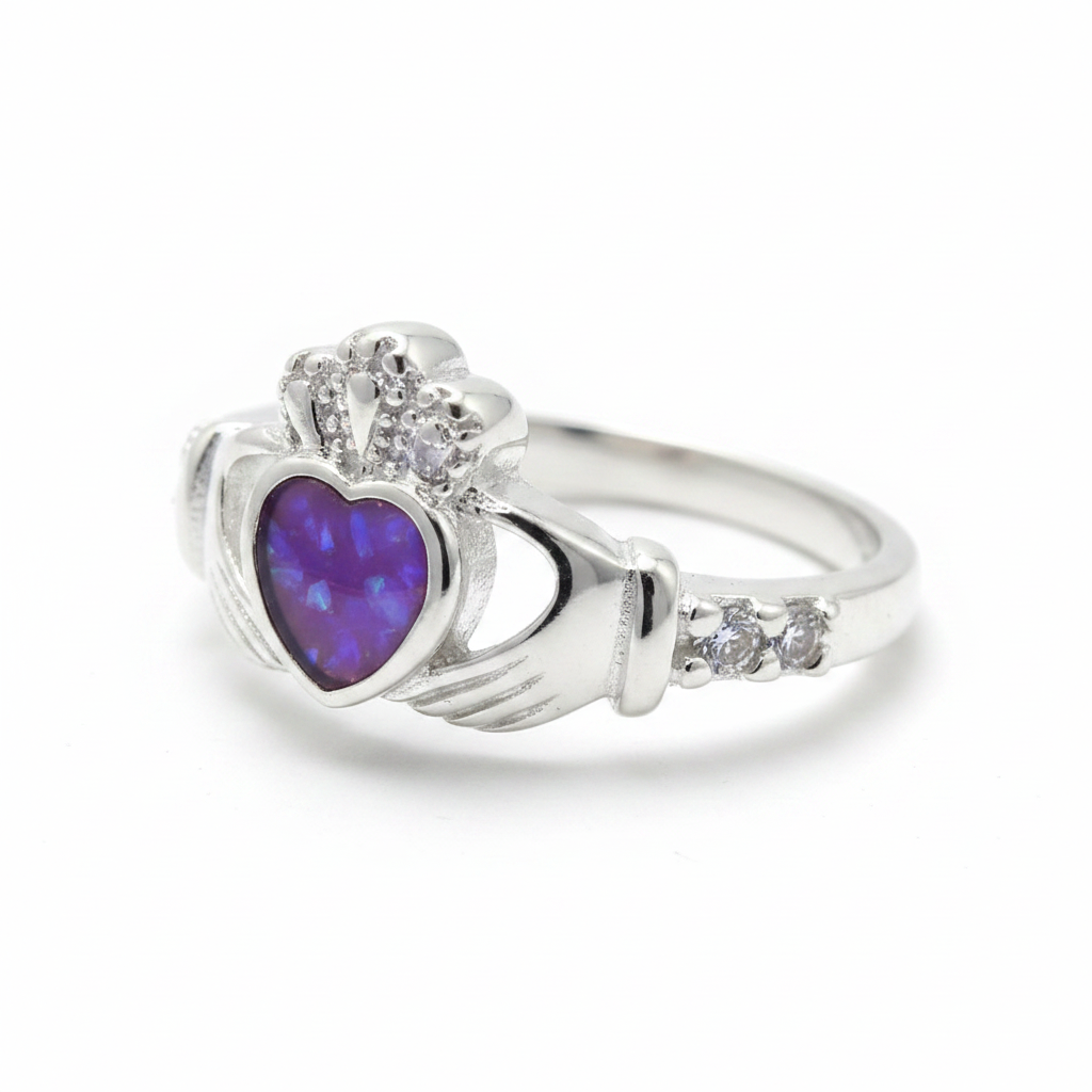 Silver 925 Claddagh memorial ring — lavender purple opal flakes resin in heart-shaped 6x5mm setting, CZ crown and shank stones