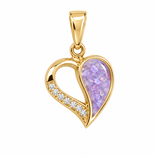 Illustrative 9ct yellow gold CZ heart pendant only with lavender purple opal resin in the half-channel
