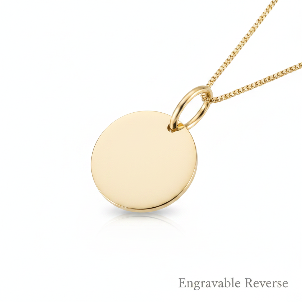 9ct Gold Round Paw Print Disc Pendant — engravable reverse, white background