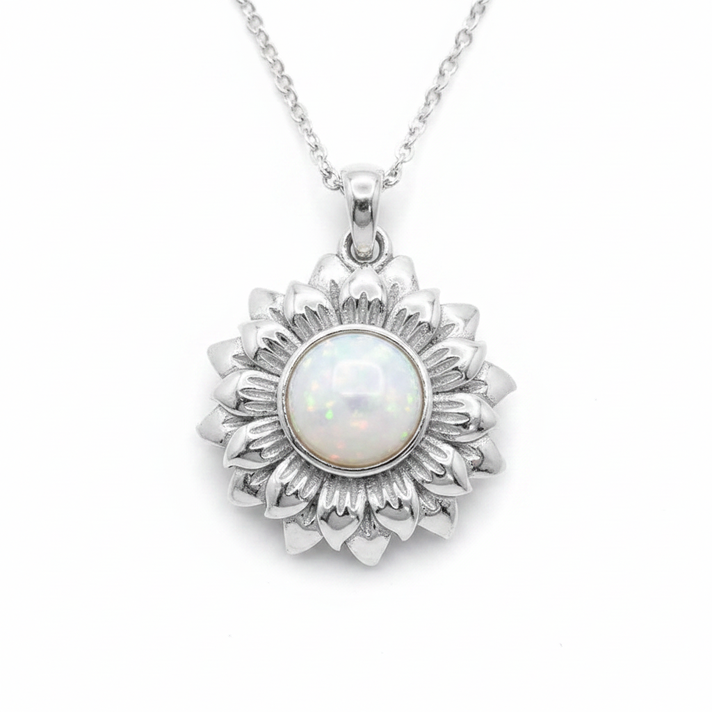 Realistic Sunflower 925 Silver Memorial Pendant with white pearl opal resin inclusion — white background