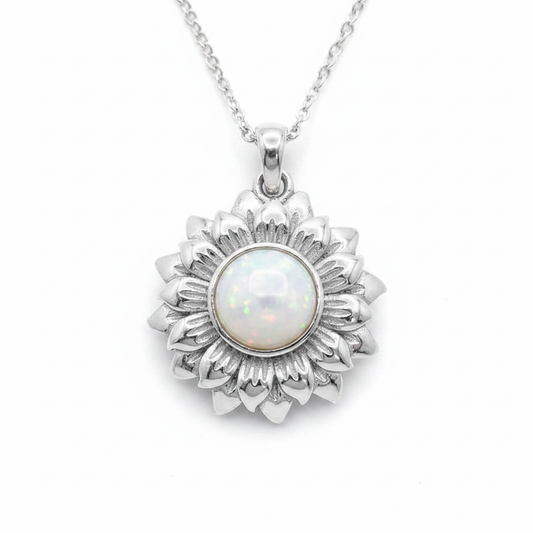 Realistic Sunflower 925 Silver Memorial Pendant with white pearl opal resin inclusion — white background