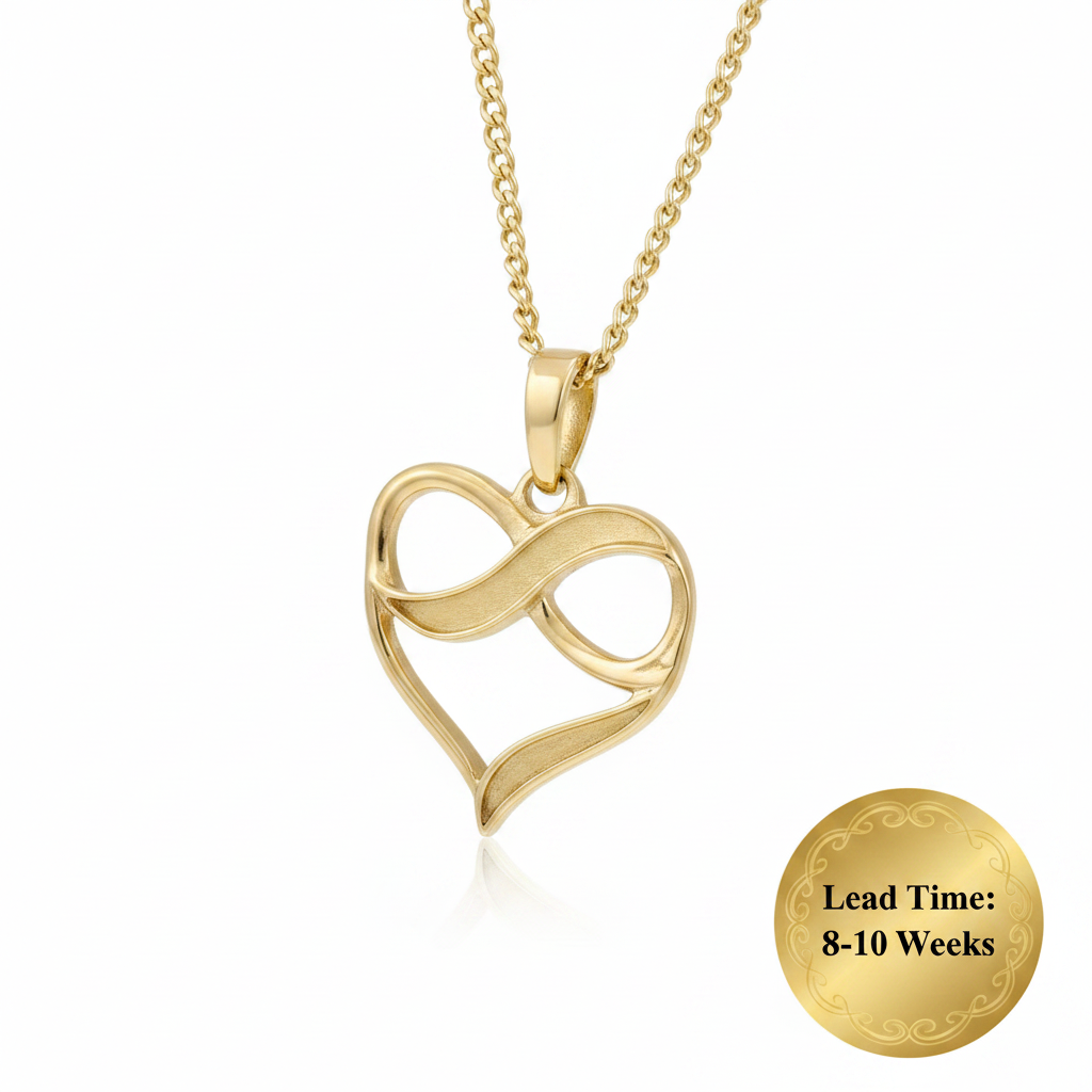 9ct yellow gold heart infinity pendant on chain, white background, lead time 8-10 weeks sticker