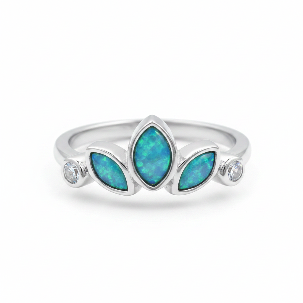 Trilogy marquise bezel 925 silver ring with blue teal opal resin in three marquise settings on white background