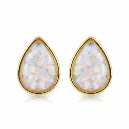 Gold pear shape stud earrings with white opal memorial resin