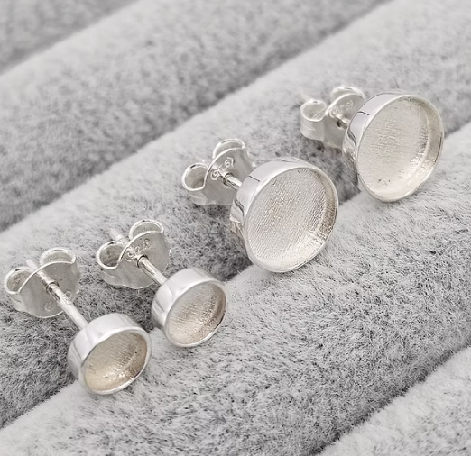 Silver 925 round bezel stud earrings multiple sizes on grey velvet — blank silver