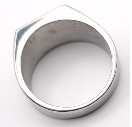 Men's stainless steel signet memorial ring side profile showing wide chunky band depth and rectangular bezel