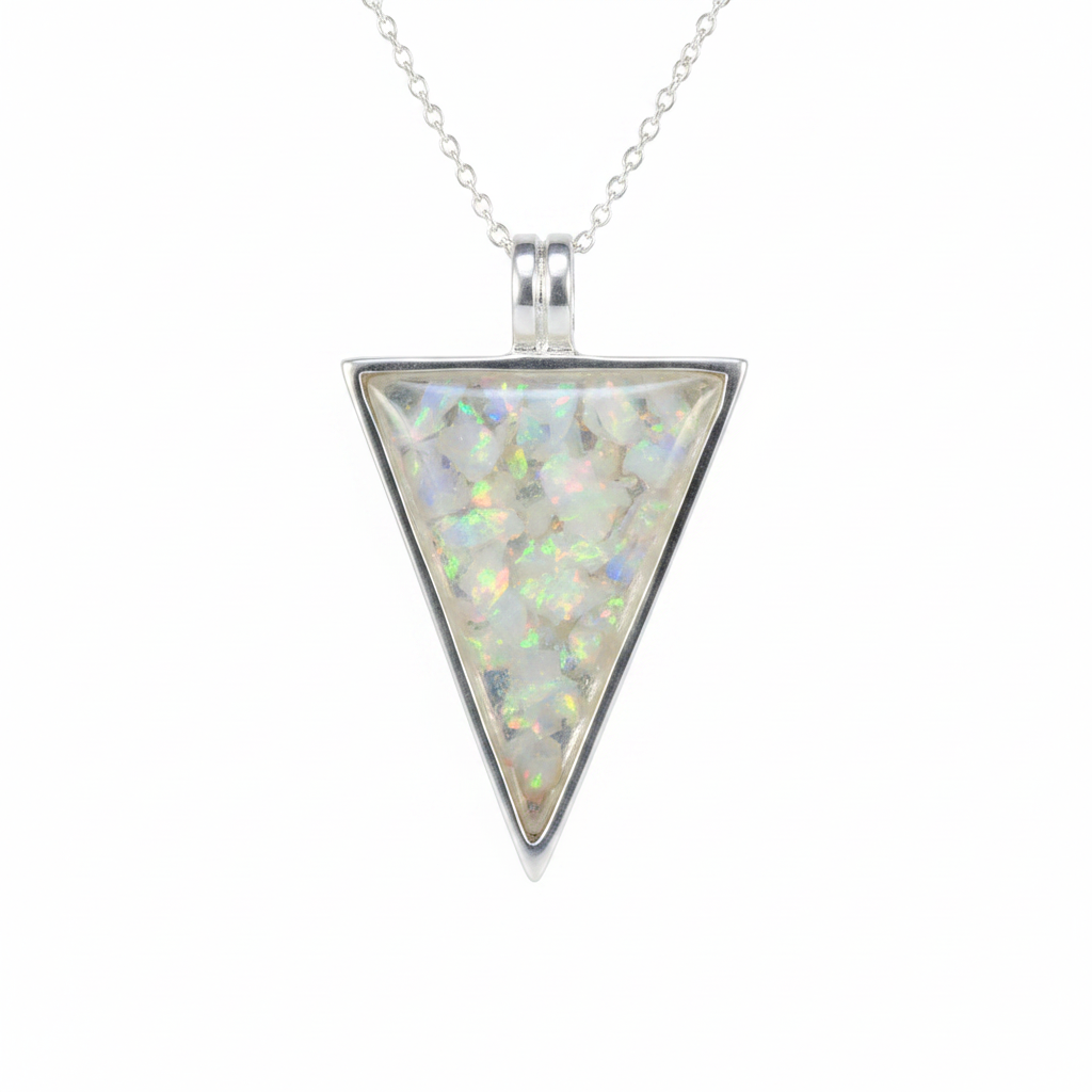 Silver 925 triangle memorial pendant — white pearl opal flakes domed resin inclusion