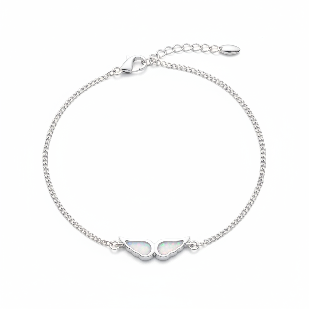 925 sterling silver angel wing memorial bracelet with white pearl opal shimmer resin in wing bezels on white background