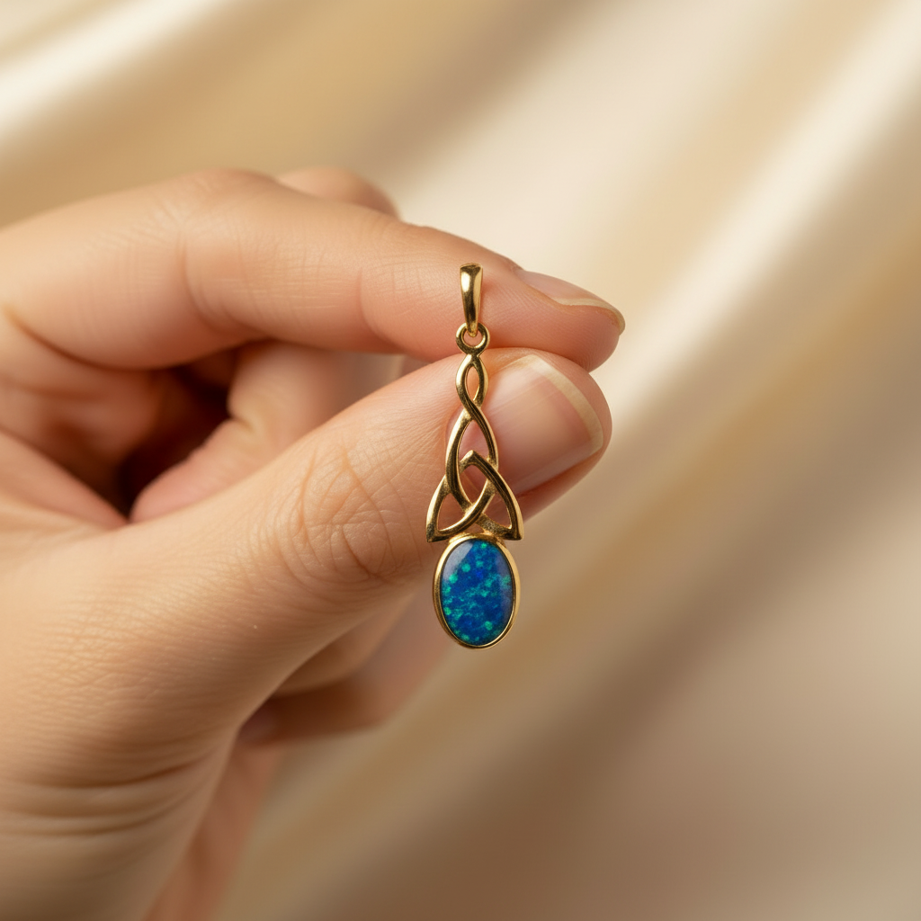 Hand holding 9ct gold Celtic memorial pendant showing true scale – 30x11mm overall