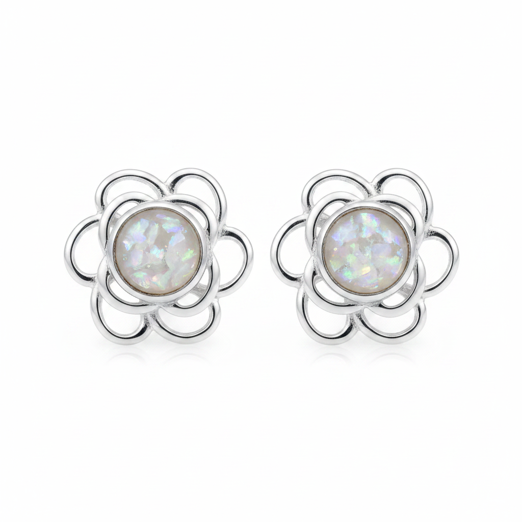 Silver 925 flower rose memorial stud earrings — white pearl opal flakes resin in 4mm centre setting